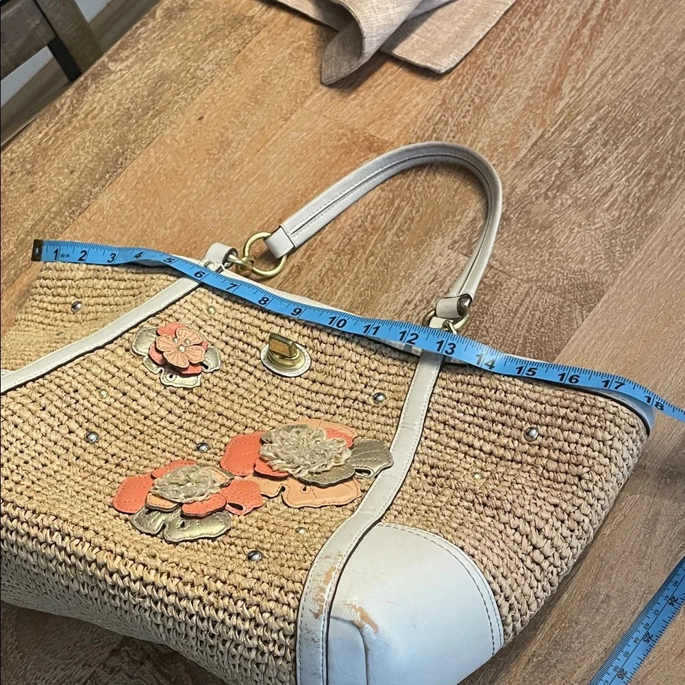 Vintage Coach Hampton Floral Leather & Woven Straw Tote Bag - Picture 10 of 13